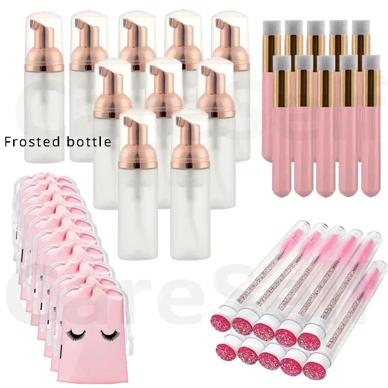 40Pcs Empty Lash Shampoo Bottles and Brushes Set, Foam Pump Dispenser, and Nose Pore Deep Cleaning Brush,Eyelash Extension Tube