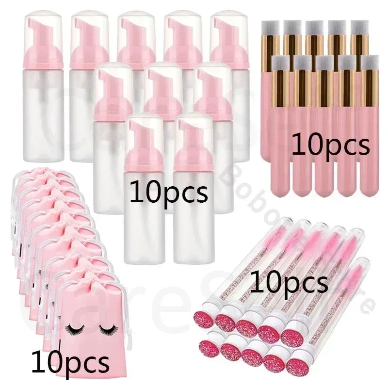 40Pcs Empty Lash Shampoo Bottles and Brushes Set, Foam Pump Dispenser, and Nose Pore Deep Cleaning Brush,Eyelash Extension Tube